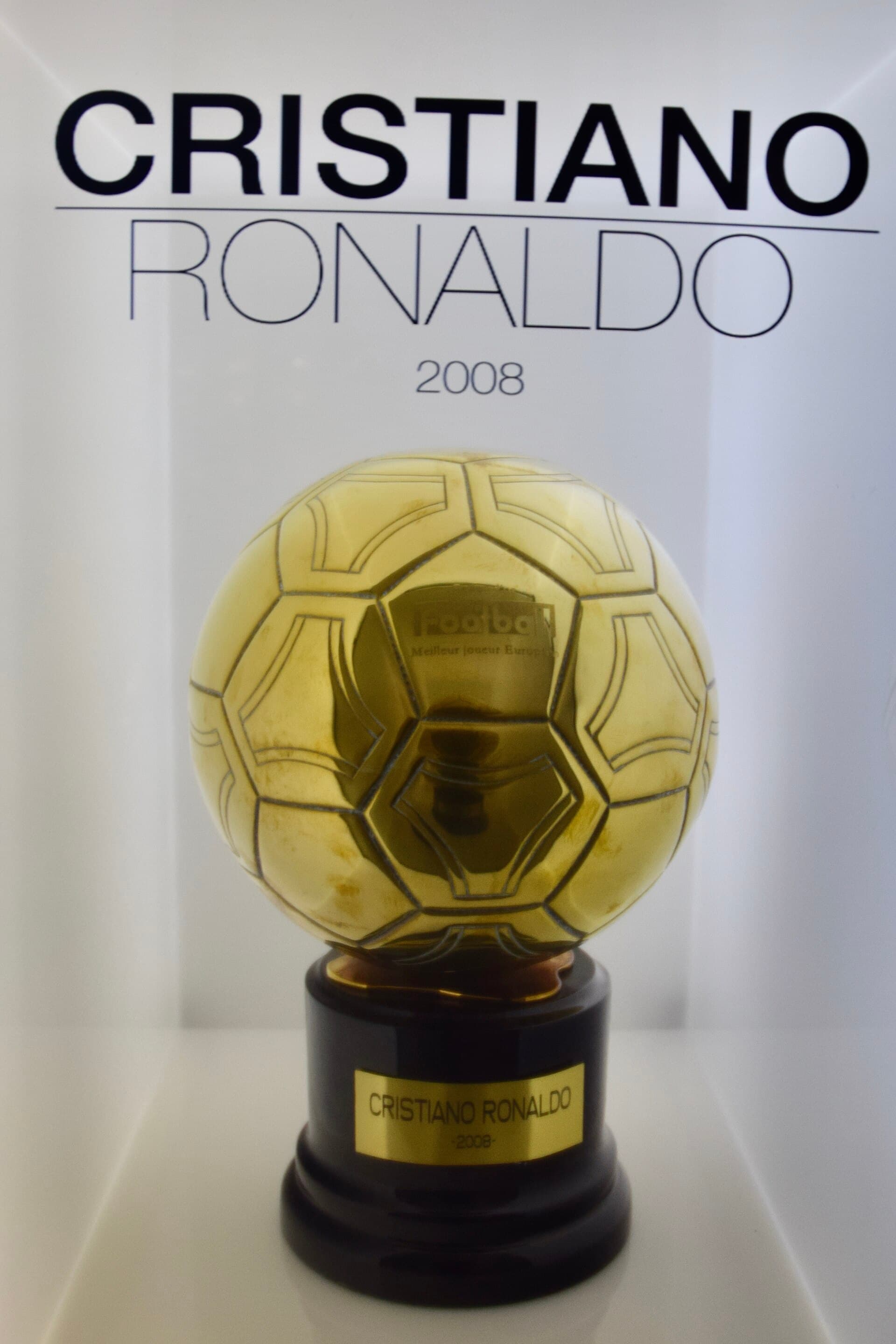 Cristiano Ronaldo's 2008 Ballon d'Or trophy, Real Madrid Museum, Santiago Bernabéu, Madrid, Spain (Ank Kumar, Infosys Limited